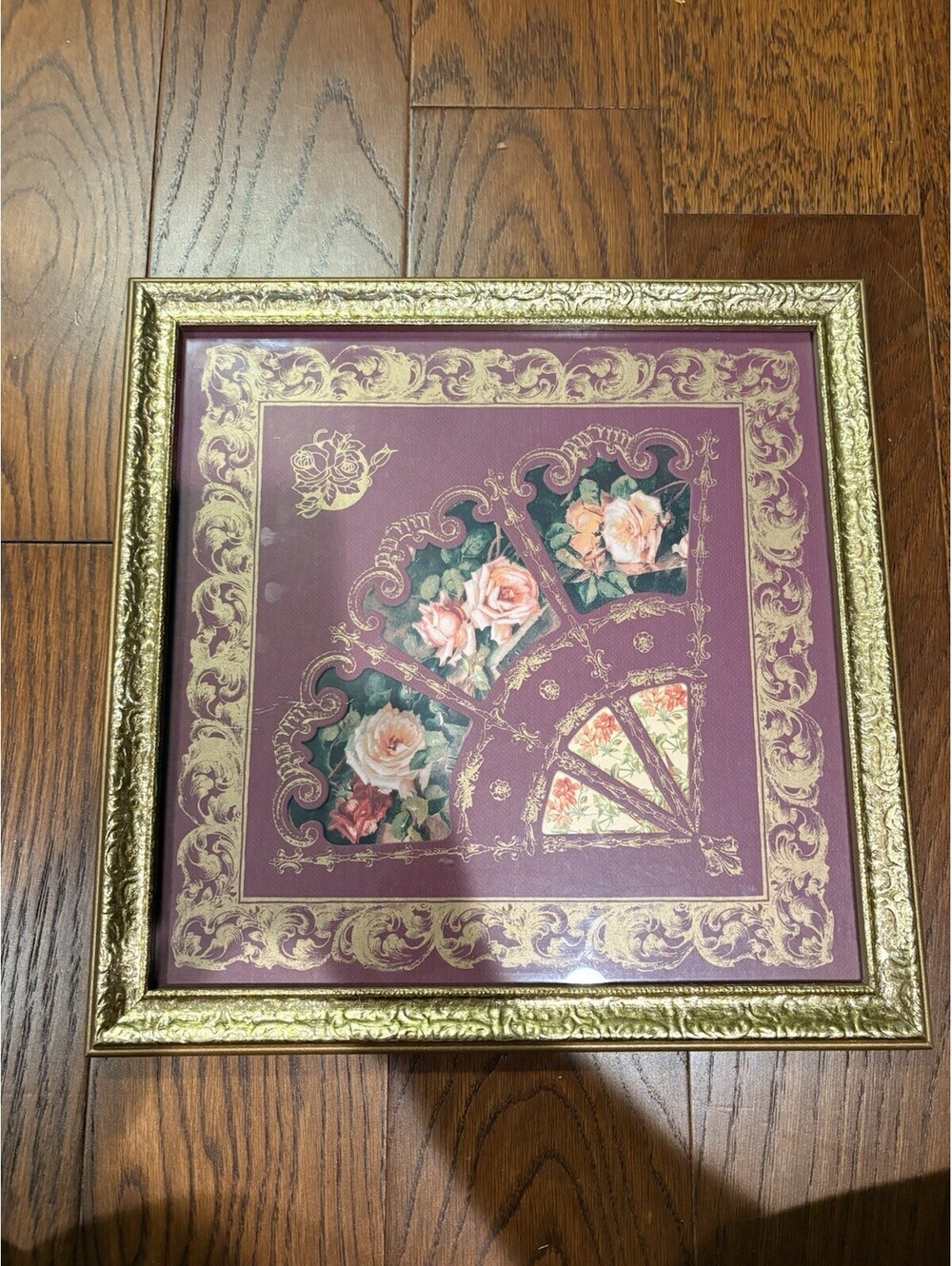 Home Interior beautiful Fan with pink roses frame 13.5" X 13.5"